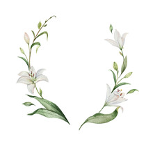 Watercolor Vector Wreath Of Lily Flowers And Green Leaves.