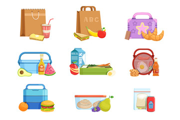 Poster - Flat vector set of school lunch boxes and bags with food and drinks. Tasty meal for kids