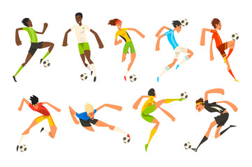 Canvas Print - Soccer player set, football athletes playing, kicking, training and practicing vector Illustrations on a white background