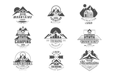 Sticker - Mountain, expedition logo set, camping, trekking retro badges in monochrome style vector Illustrations on a white background