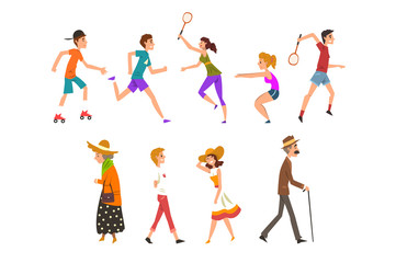 Sticker - People walking and training in the park set, fitness and healthy lifestyle vector Illustration