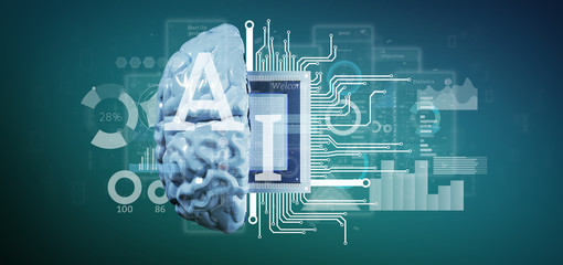 Poster - Artificial intelligence icon with half brain and half circuit 3d rendering