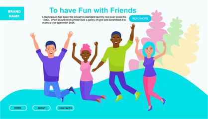 Website or landing page of friends in the jump. Multicultural friendship concept illustration. Vector illustration in a flat cartoon style