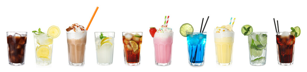 Set of different delicious cocktails on white background