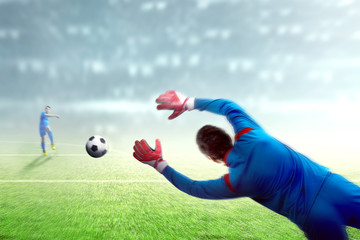 Poster - Asian football player man kicking the ball to the goal