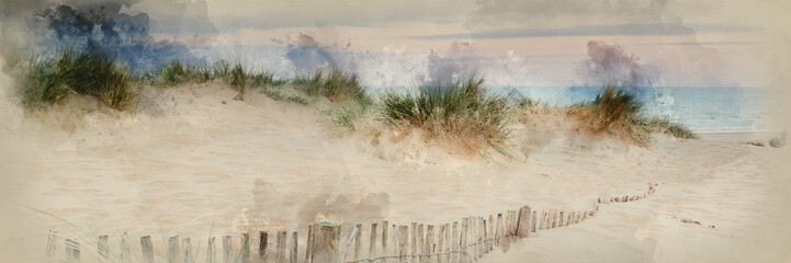 Wall Mural - watercolor painting of panorama landscape of sand dunes system on beach at sunrise