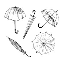 Umbrellas Set. Collection Of Isolated Sketchy Style Umbrellas. Doodle Umbrellas In Black And White. Hand Drawn Vector Illustration Without Background.