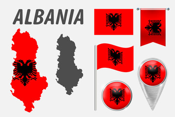 Canvas Print - ALBANIA. Collection of symbols in colors national flag on various objects isolated on white background. Flag, pointer, button, waving and hanging flag, detailed outline map and country inside flag.