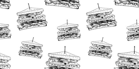 Wall Mural - Vector Seamless Pattern, Hand Drawn Outline Sandwiches, Fast Food Illustration, Background.