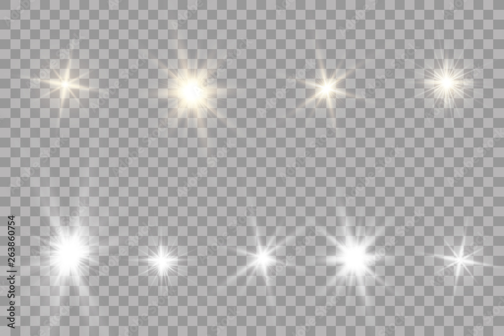 Glow light effect. Starburst with sparkles on transparent background. Vector illustration. Sun - obrazy, fototapety, plakaty 