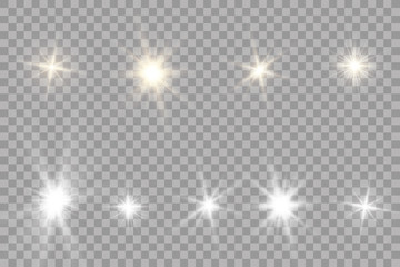 Wall Mural - Glow light effect. Starburst with sparkles on transparent background. Vector illustration. Sun