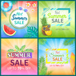 Hot summer sale posters set with seventy percent reductions vector. Watermelon and rubber lifebuoy, surfing board and palm leaves, pineapple fruit