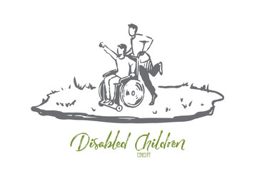 Wheelchair, handicapped, boy, walk concept. Hand drawn isolated vector.