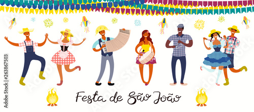Festa Junina banner with dancing people, musicians, lanterns, Portuguese text...