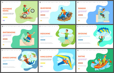  Highlining and motorbike biking, quad bike vector, active lifestyle. Parkour and skateboarding, skydiving and rafting in boat, team in water sports. Website or webpage template, landing page flat
