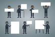 © paper_owl - Set of ninja characters posing with different blank banners. Cheerful ninja with paper, poster, placard, pointing to whiteboard, teach, advertise, promote. Flat style vector illustration