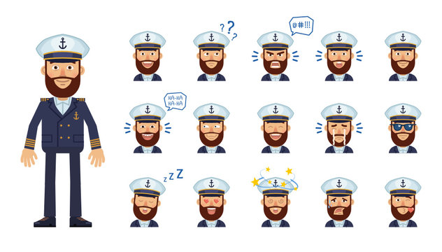set of navy captain emoticons. skipper avatars showing different facial expressions. happy, sad, smi