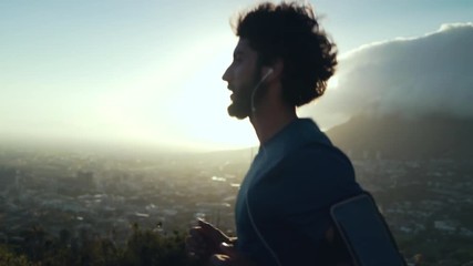 Wall Mural - Strong sportsman running during morning