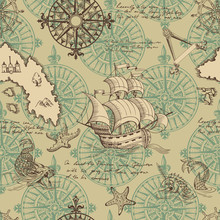 Old Caravel, Vintage Sailboat, Sea Monster. Seamless Pattern