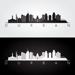 Durban skyline and landmarks silhouette, black and white design, vector illustration.