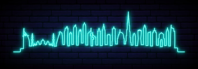 Blue neon skyline of Dubai city. Bright Dubai long banner. Vector illustration.