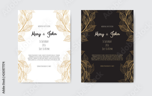 Vector invitation with gold floral elements. Luxury ornament template. greeti...