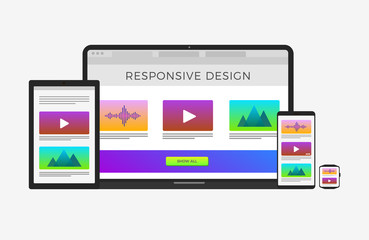 Poster - scalable and flexible responsive web design concept - computer laptop, tablet, mobile phone, smart w