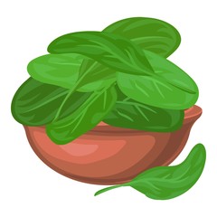 Poster - Spinach leaf in bowl icon. Cartoon of spinach leaf in bowl vector icon for web design isolated on white background