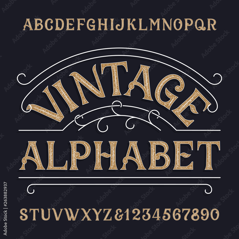 Vintage alphabet font. Ornate messy letters and numbers in