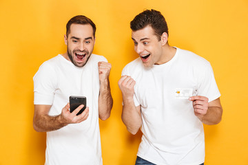 Sticker - Two cheerful excited men friends wearing blank t-shirts