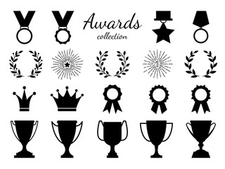 Poster - Black white goblet and medal flat style. Vector monochrome goblet and wreath illustration