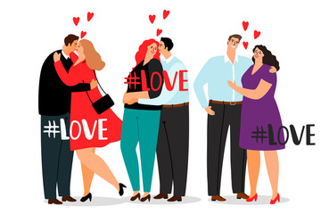 Wall Mural - vector couple in love and hashtag love isolated on white background. couple woman and man happy, car