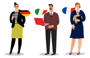 Poster - International business team vector isolated on white background. Illustration of business people team, businessman communication italian and french and german