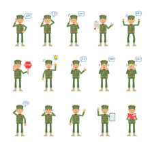 Big Set Of Military Man Characters Showing Different Actions, Gestures, Emotions. Cheerful Soldier Talking On Phone, Holding Stop Sign, Document And Doing Other Actions. Simple Vector Illustration