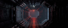 3d Rendering Of Realistic Sci-fi Dark Corridor With Red Light. Futuristic Tunnel With Grunge Metal Walls. Cyberpunk Tunnel. Interior View. Modern Futuristic Hall. Empty Corridor In A Spaceship. Fog.