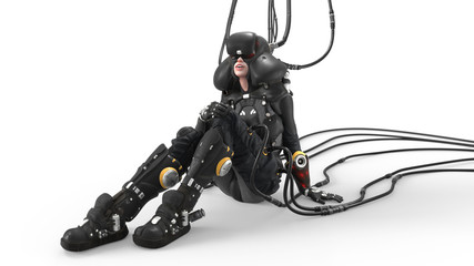 Wall Mural - Diving deep into virtual reality. A young girl is sitting on the floor wearing a futuristic VR helmet. Many wires are connected to a sci-fi female costume. Girl pilot. Cyber technology. 3d rendering.