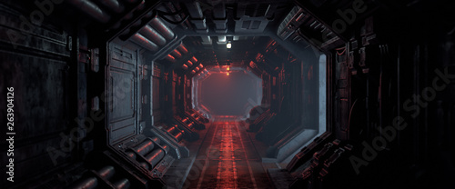 Fotografía 3d rendering of realistic sci-fi dark corridor with red light