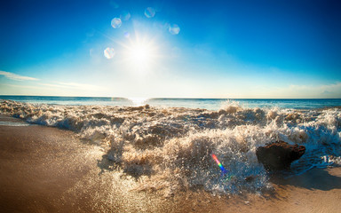 Wall Mural - Idyllic tropical beach with rock and crystal clear water