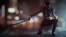 Science Fiction Cyborg Female Kneeling On One Knee Holding A Katana In One Hand. Sci-fi Cyborg Samurai Girl. Young Girl In A Futuristic Black Armor Suit With A Helmet. 3D Rendering Action Scene.