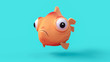 3d cartoon character of a spherical goldfish with big bulging eyes hovering in the air on a blue background. Funny cartoon yellow fish. 3d rendering of a cute sad little fish flying through the air.