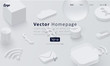 Grey web homepage template with icons and abstract internet symbols.