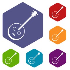 Poster - African guitar icons vector colorful hexahedron set collection isolated on white