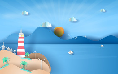 Wall Mural - illustration of island with lighthouse on sea view sunlight blue sky,summer time season concept,boat