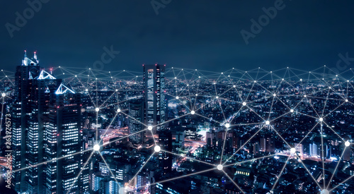 Fotomural Telecommunication network above city, wireless mobile internet technology for sm