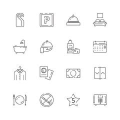 Poster - hotel related icons. parking restaurant separated bed wifi free tv hotel signs vector thin line. hot