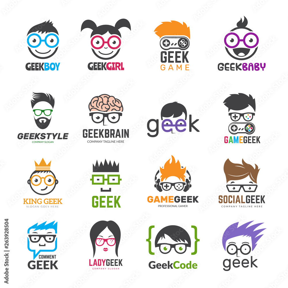 Geek logotypes. Identity for smart kids computer programmers educational vector design. Illustration of geek programmer, learning icon - obrazy, fototapety, plakaty 