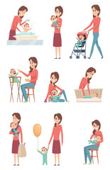 Poster - Mother and baby. Happy love kids playing with mother little girl and boy son and daughter vector characters. Illustration of woman together kid