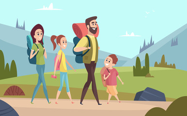 Sticker - Family hiking background. Walking couples in mountains kids with parents tourists travellers outdoor adventure vector characters. Illustration of family hiking travel summer