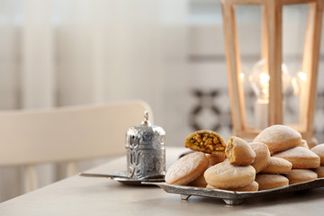 traditional islamic cookies on table, space for text. eid mubarak