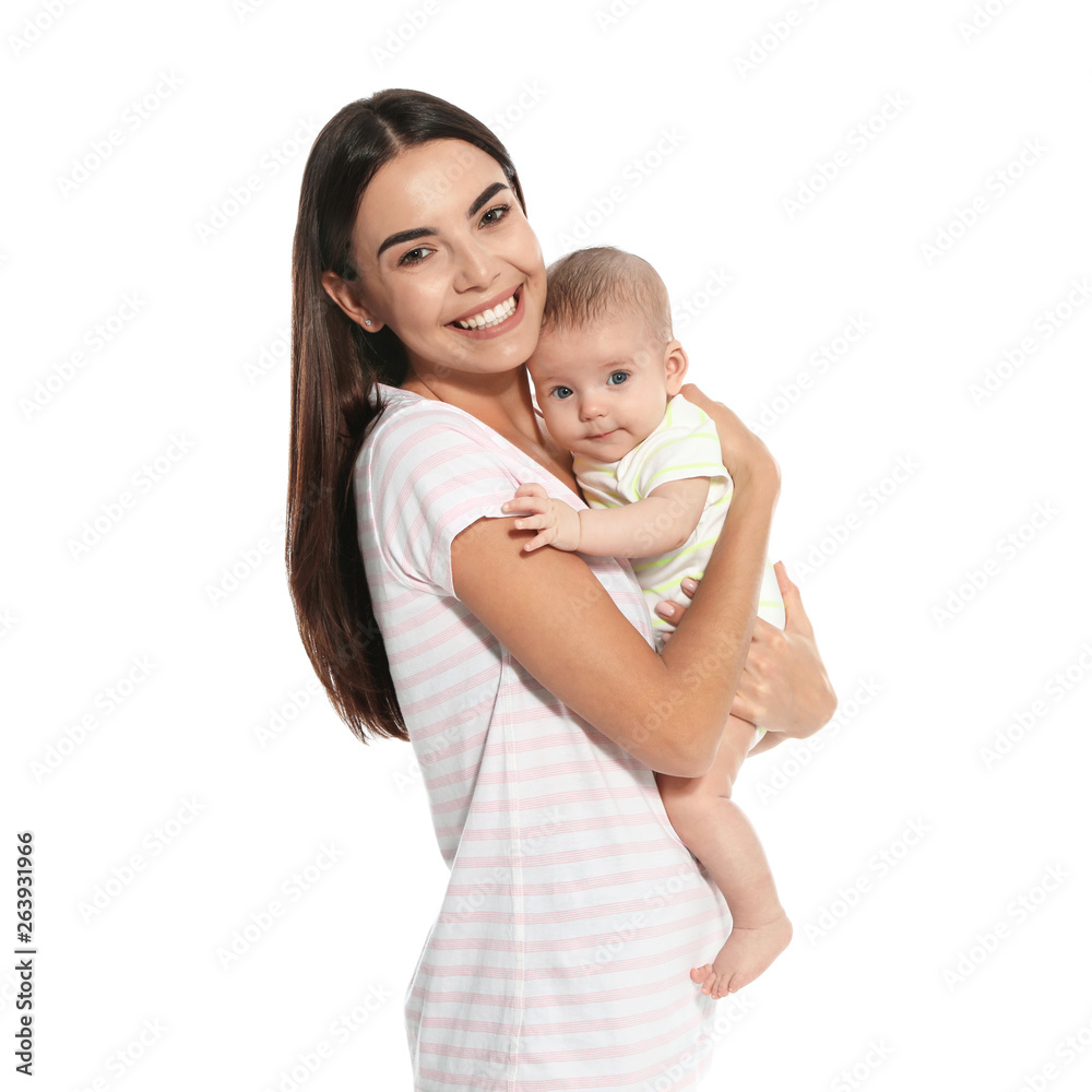 Portrait of happy mother with her baby isolated on white - obrazy, fototapety, plakaty 